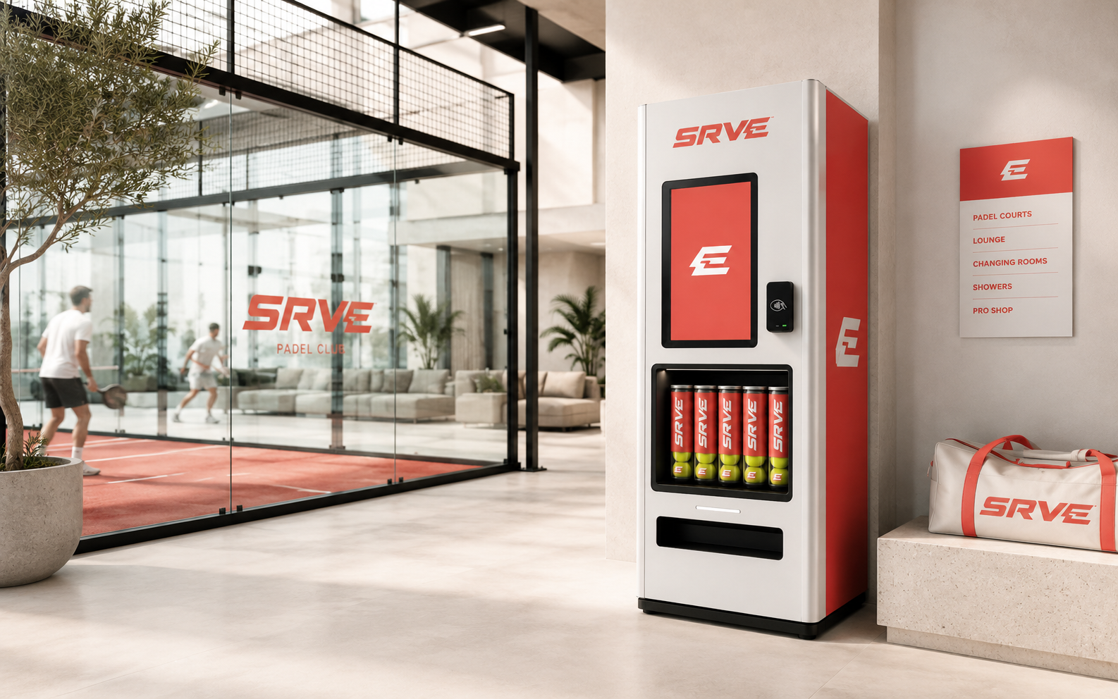 SRVE padel vending machines in a premium club setting